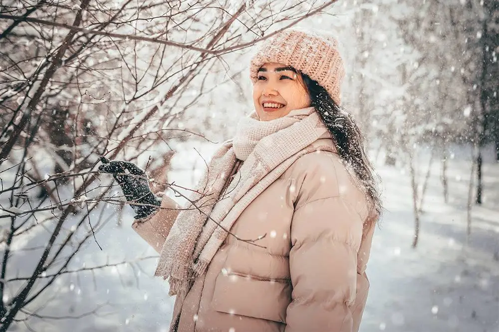 Winter clothing essentials including an insulated jacket, gloves, scarf, and beanie